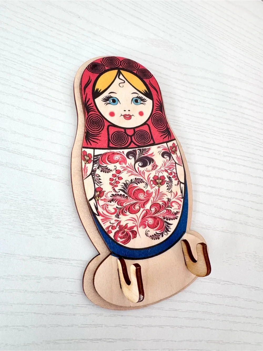 Matryoshka Doll Wooden Wall Hook Key Holder - Red and Blue Accent